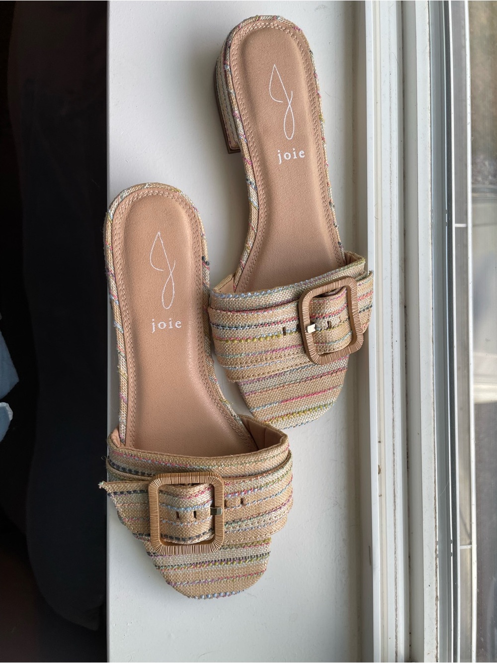 Joie Multistripe Tan Buckle Slide Mules